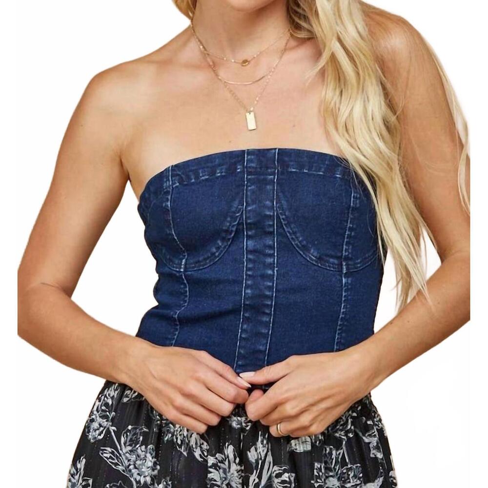 NEW WISTERIA LANE bustier cropped top in dark denim